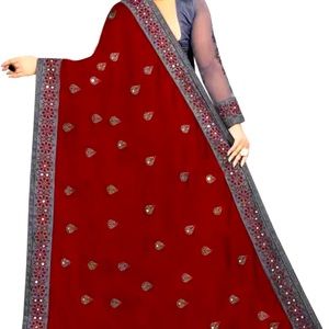 Hot Red Saree with Unstitched Blouse - grey Border and Amazing look Bollywood